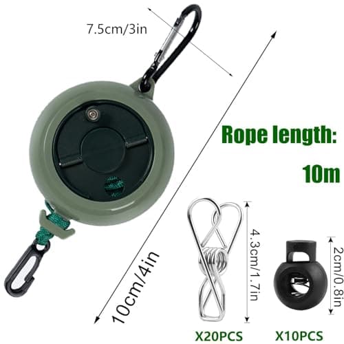 ZONSUSE Portable Travel Clothesline,Adjustable Camping Clothesline,10m Anti-Tangle Retractable Clothes Line,with 10 Fixed Buckles and 20 Clothespins, for Indoor Outdoor Balcony Garden Hotel (Green-A) — view 6