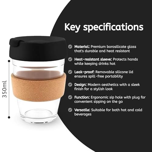 Glass Coffee Cup with Lid and Heat Resistant Cork Sleeve (Black) — view 4