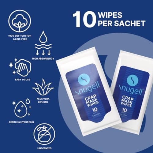 CPAP Mask Wipes by Snugell (12 Pack, 10 sheets/pack) - Perfect for Travel - For Cleaning CPAP Mask and Devices - Unscented 100% Soft Cotton - Skin Safe with Aloe Vera - Fast & Easy Opening Sachets — view 2