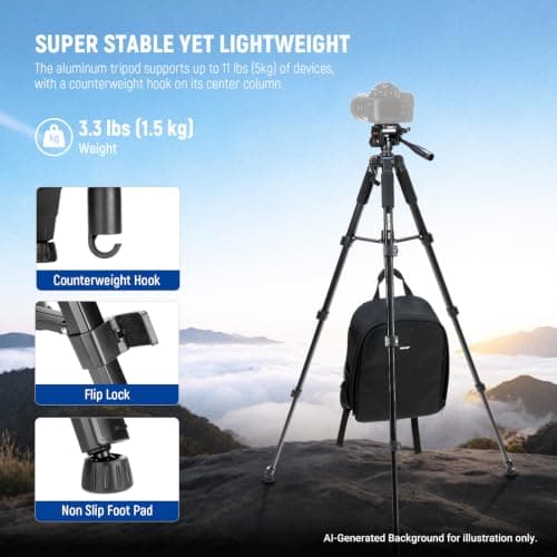 NEEWER BASICS Camera Tripod, 71'' Tripod with Holder Mount Compatible with Camera for Video Recording, Professional Aluminum Lightweight Portable Travel Stand with 3 Way Pan Tilt Head, TP55 — view 4