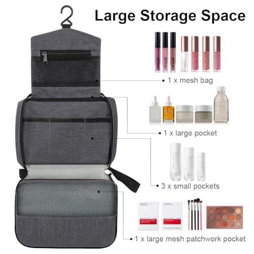 ALIIP Hanging Toiletry Bag Waterproof for Men & Women, Foldable Compact Travel Wash Bag with 3 Compartments, Lightweight One-Piece Makeup Bag Organizer for Travel Size Accessories (Grey) — view 3