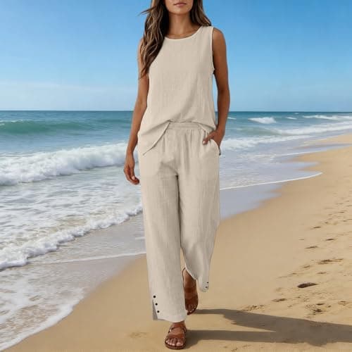 Beige 2 Piece Outfits Women Cotton Linen Loungewear Sets Sleeveless Top and Wide Leg Elastic Waist Pants with Buttons Solid Colour Ladies Versatile Co Ord Sets Vacation Airport Travel Wear Size 12 — view 2