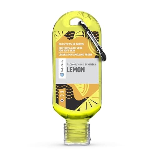 Palm Safe Lemon 60ml Anti Bacterial Premium Hand Sanitiser Travel Size Refillable Clip Bottle Quick Drying Non Sticky Extra Moisturising Kills 99.9% of Viruses and Bacteria