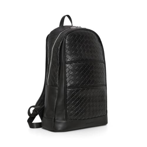 Vera Losso Laptop Backpack Premium Luxury Vegan Leather Half Woven Business Backpack, Travel & Work Rucksack with Silver Hardware, Black, 30 x 46 x 14 cm — view 3
