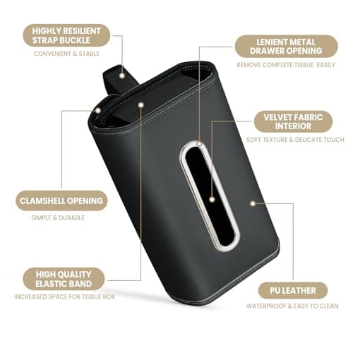 WHHMK Car Tissue Holder, Tissue Box Cover for Car, Premium PU Leather Backseat Napkin Rectangle Organizer Travel, Extra Large Tissue Box Storage in Car Fits for 100-150 Regular Size Tissues, Black — view 4