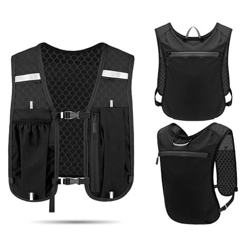 Unisex Running Vest with Phone Holder & Storage Adjustable Hydration Vest Lightweight & Breathable Running Backpack for Running Cycling Hiking (black, one size)