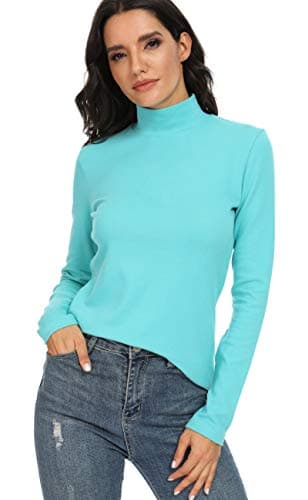 HieasyFit Women's Cotton Mock Turtleneck Long Sleeve Basic Thermal Top, Turquoise, L — view 2