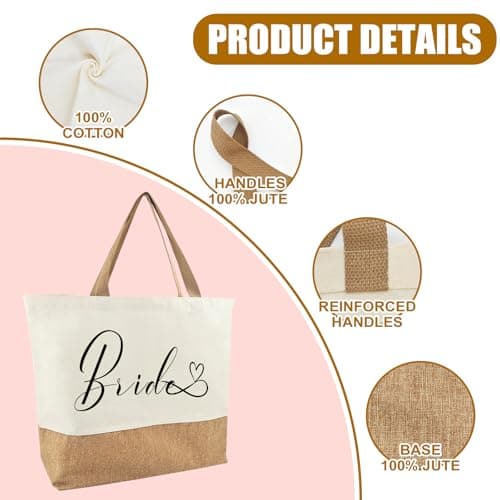 Tarklanda Bride Canvas Jute Tote Bag, Bridal Shower Wedding Bachelorette Bride Gifts Shoulder Bag, Shopping Bags for Wedding Day Engagement Proposal Hen Party Suitable for Travel Picnic Beach Holiday — view 5