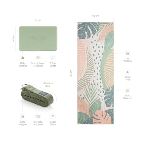MYGA Yoga Starter Set - 6mm Non-Slip Yoga Mat, Yoga Block and Strap - Starter Kit for Beginners in Pilates, Exercise and Fitness - Palm — view 2