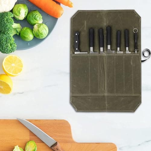 Knife Roll Bag, Portable 7 Slots Waxed Canvas Knife Bags, Cutlery Tool Roll Case Bag for Camping Hold Home Kitchen Tools, Easy Carry with Wrapping Strap, Superior Gift for Cooking Chef(COLOR:green) — view 3