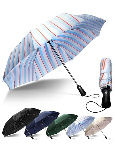 Chakipee Compact Travel Umbrella Windproof Strong- Automatic Folding Umbrellas for Wind and Rain, Portable 210T Fabric 97cm Span - 8 Ribs Stripe Pattern for Men and Women