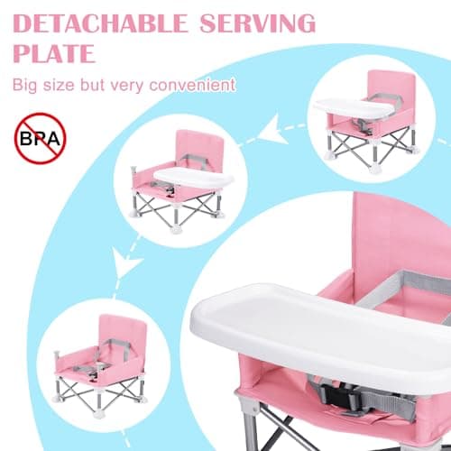 Colcolo Baby Seat Booster Toddlers Dining Seat Removable Tray with Travel Bag, Aluminum Alloy Baby Camping Chair with Tray Portable Folding Booster Feeding Chair for Children Toddlers Infants, Pink — view 5