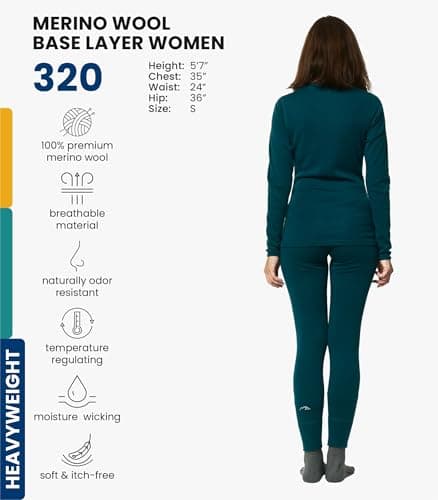 100% Merino Wool Base Layer Womens Set - Thermal Underwear Womens + Socks (Medium, 320 Deep Teal) — view 2