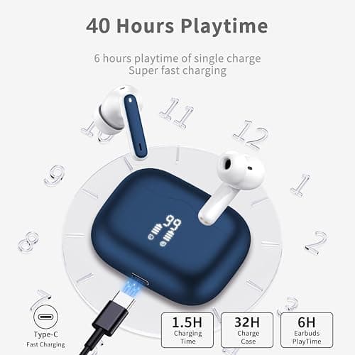 Wireless Earbuds, 2026 Bluetooth 5.4 Headphones in Ear 6D Bass Stereo, 40H Earphones with 4 ENC Noise Cancelling Mic, IP7 Waterproof LED, AI-Enhanced Calls Bluetooth Earbuds for Android iOS, Navy — view 6
