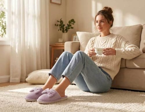 Coswind Womens Bow Slippers Comfy Corduroy Memory Foam Slip On House Shoes — view 3