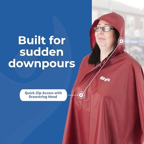 Days Wheelchair Poncho – Waterproof Rain Cover for Wheelchair Users, Full Body Protection with Hood, Zip Closure & Rear Vents – Lightweight, Easy-Fit Mobility Poncho – Burgundy, 133 x 100cm — view 4