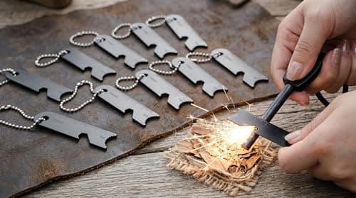 Eowppue Flint Scrapers 10 Pack, High Carbon Steel Fire Starter Strikers with Serrated Edge, Bottle Opener and Ball Chain, Compact 10 g Camping Hiking Survival Gear — view 3