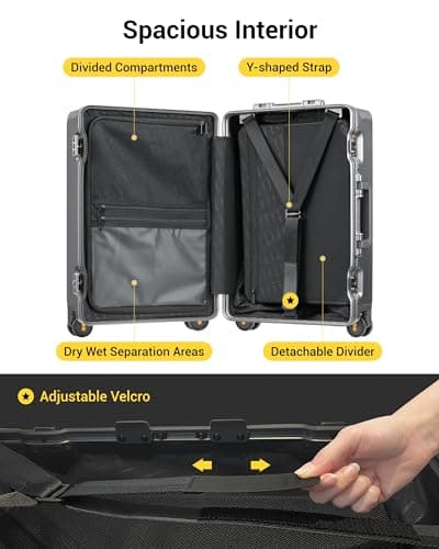 LEVEL8 Zipperless Luggage Carry on Suitcase with Aluminum Frame 20 Inch Trolley PC Hardside Spinner Suitcase Double TSA, Hegent Series,Grey — view 6