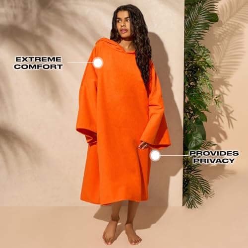 Brentfords Towel Poncho Adult Womens, Quick Dry Beach Towels for Adults Hooded Large Bath Swim Surf Beach Absorbent Soft Microfibre Towel Changing Robe, Orange — view 3