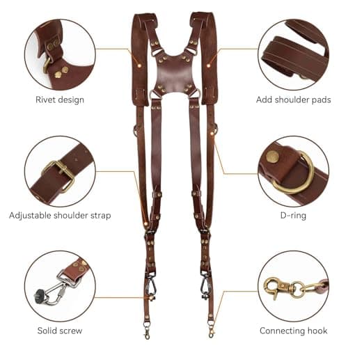 Genuine Leather Dual Camera Harness, Adjustable Double Camera Sling Strap with Soft Shoulder Pad and Safety Rings, Professional Two Camera Carrier for Wedding Event Travel Photographers — view 3
