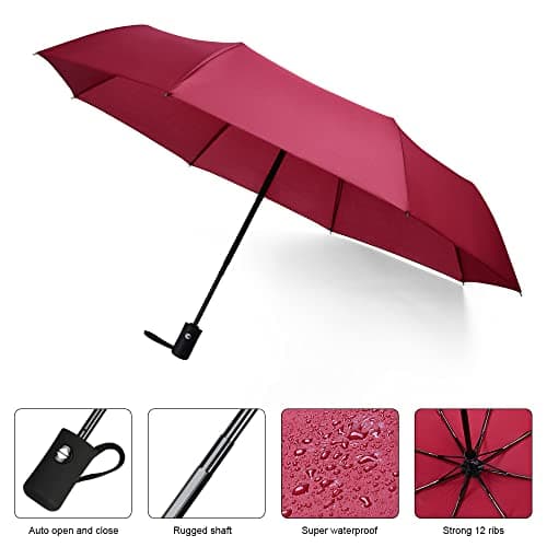 Vicloon Travel Umbrella, Folding Umbrella, 8 Ribs Compact Windproof Umbrella, Auto Open/Close, Sturdy Reinforced Canopy Automatic Portable Umbrella for Men&Women (Wine Red) — view 5