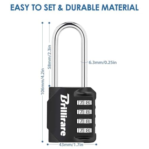 Brillirare Combination Lock, 4-Digit Padlock 2.3 Inch Long Shackle, Waterproof Zinc Alloy Outdoor Travel Luggage Locks Keyless for Backpack, Gym Locker, Hasp, Fence, Gate, Case, Toolbox-Black — view 2