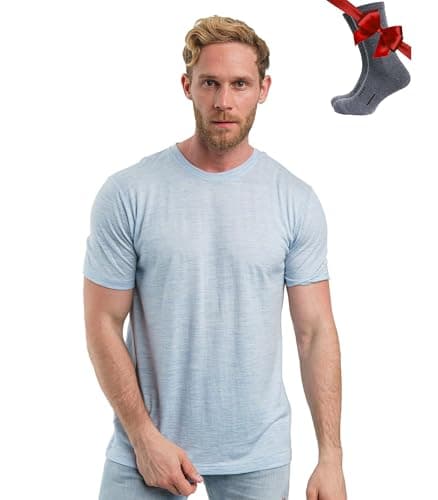 100% Merino Wool T Shirt Mens - Merino Wool Base Layer Men + Hiking Socks (Arctic Blue, X-Large)