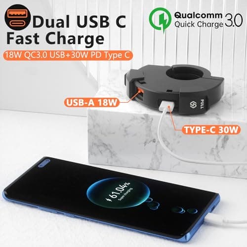 Motorcycle Charger 18W QC3.0 USB and 30W PD Type C Dual USB Port Waterproof Motorbike Phone Charger 12V USB Socket Adapter with 5A USB C to USB C Spring Cable Cable — view 2