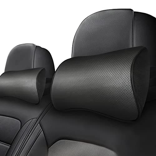 Wattstar Set of 2 Soft Genuine Leather Car Headrest Pillows for Neck Support Car Pillows Memory Foam to Help Relieve Neck Pain, Black