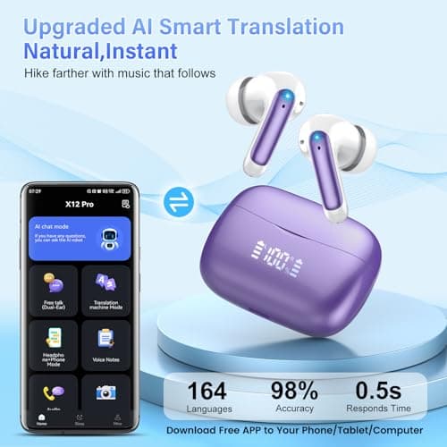 AI Translation Earbuds Real Time with Audio and Video Calls, 164 Language/7 Translation Modes Translator Earbuds Bluetooth 5.4 with APP, 48H AI Ear Buds Translator Device for Business/Learning, Purple — view 2