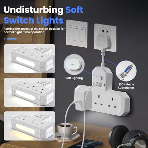 Multi Plug Extension Socket with USB C, 3 Way Plug Adaptor With Nightlight, Short Cord Power Strip with 2USB & 2USB-C Ports, Plug Adapter UK Multi Plug Adaptor with Flexible Plug For Home Office White — view 3