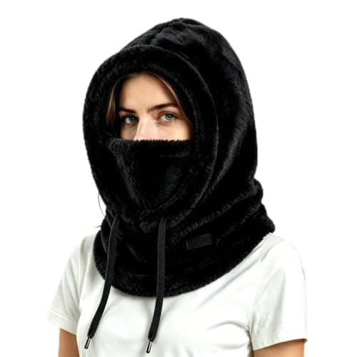 ZJEEACO Balaclava, 3 in 1 Beanie Hat, Snood for Women, Neck Warmer, Black Sherpa Fleece Windproof Winter Thermal Hat, Ladies Cold Weather Outdoor Ski Cycling Face Cover