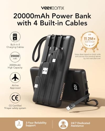 VEEKTOMX 20000mAh Power Bank with 4 Built-in Cables Fast Charging powerbank — view 2