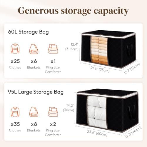 Lifewit 95L Clothes Storage Bags Large Storage Box With Lid Packing Boxes for Moving House With Reinforced Handle Thick Fabric Clear Window for Clothes Duvet Blankets Bedding, 6 Pack, Black — view 2