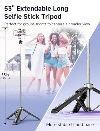 53'' Selfie Stick Tripod with Light, Extendable Selfie Stick with Remote, Portable Cell Phone Tripod Stand with All in 1 Phone Clip, Lightweight Camera Tripod Compatible with iPhone 17 16 15, Android — view 3