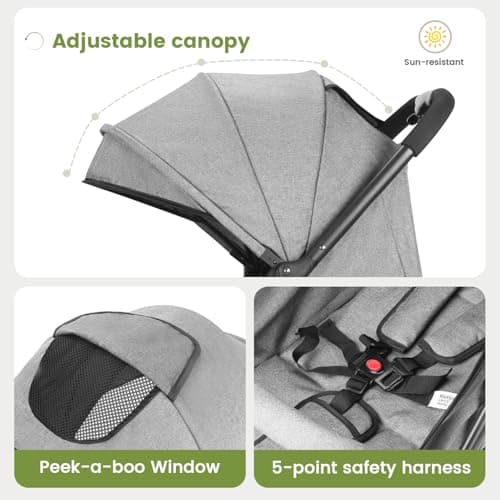 Convenience Baby Stroller – Lightweight & Compact Travel Umbrella Stroller, Quick One-Hand Fold, Lockable Rear Wheels, Adjustable Canopy, 5-Point Safety Harness & Shopping Basket (Grey) — view 4