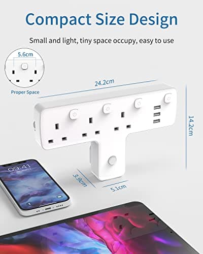 Plug Adapter, Mscien 3 Way Extension Plug with 3 USB, Plug Extension Socket with Independent Switches, Multi Plug Adaptor UK Built-in Surge Protector with 180 Degree Rotation Button — view 4