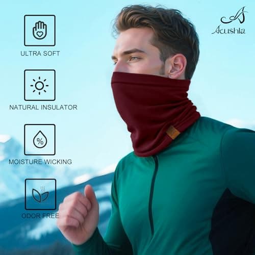 ACUSHLA 100% Merino Wool Neck Gaiter, Ski Mask Neck Warmer Unisex, Crimson — view 3
