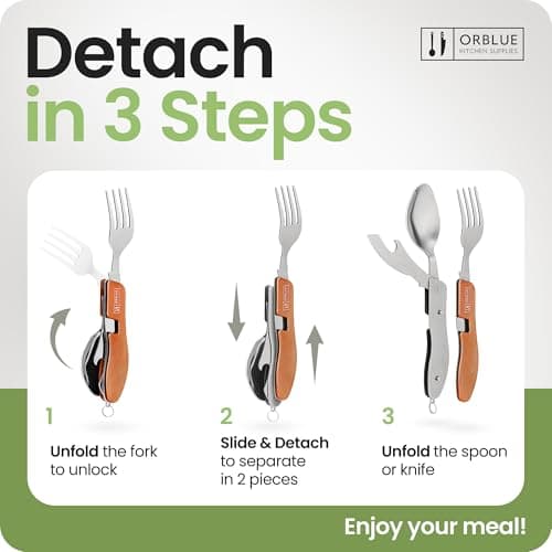 ORBLUE 4-in-1 Camping Cutlery Set 2-Pack – Stainless Steel Foldable Spoon Fork Knife Bottle Opener with Pouch – Portable Travel Cutlery & Camping Utensils for Hiking & Outdoor Use – Orange — view 3
