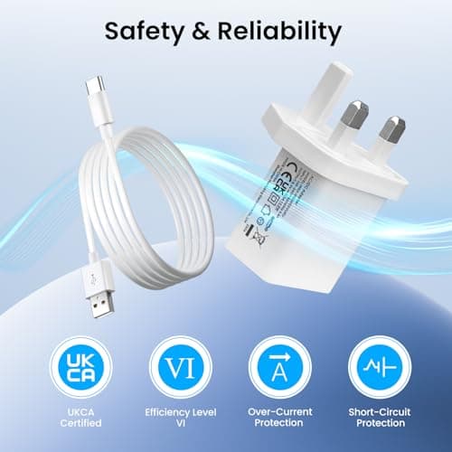 UKCA 5V 2A 10W USB Portable Wall Charger with 5M USB C Cable, AC DC Adapter Travel Plug, Power Supply for Security Cameras, Speakers, and More Type-C Enabled Devices-White — view 5