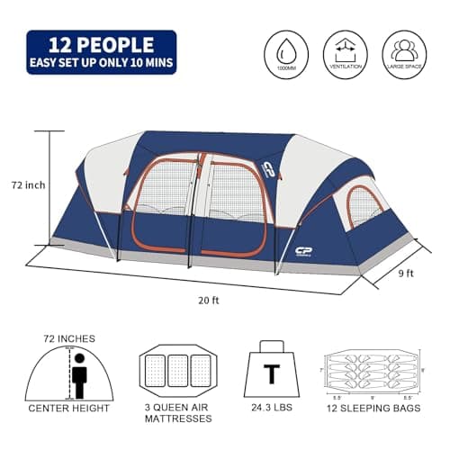 CAMPROS CP 12-Person Family Tent, 3-Room Tunnel Camping Tent, Waterproof — view 2