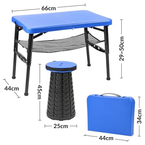 Taylor & Brown Portable Folding Camping Table and Telescopic Stool Set, Adjustable Height Foldable, Lightweight and Sturdy for Outdoor Picnic, Beach, Also Ideal as Lap Desk, Bed Table (Blue) — view 3
