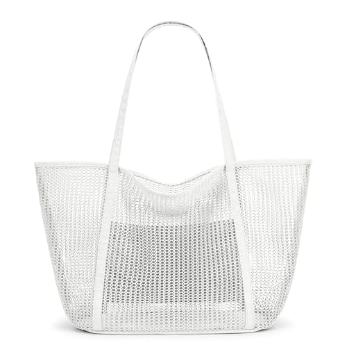 KALIDI FANCY FOREST Foldable Mesh Beach Bag with Zip, 27L Large Mesh Tote Bags for Women Ladies Summer Beach Tote Bag for Holiday Travel,White