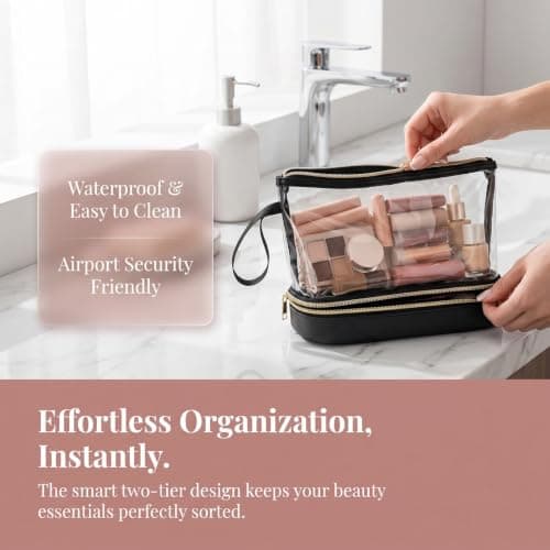 Makeup Bag Double Layer, Travel Cosmetic Case with Brush Compartment — view 4
