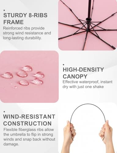 SoulRain Compact Windproof Travel Umbrella - Small, Mini Folding Parasol Kring Buckle. for Backpacks and Cars, Offering Sun & UV Protection(CoolPink) — view 3