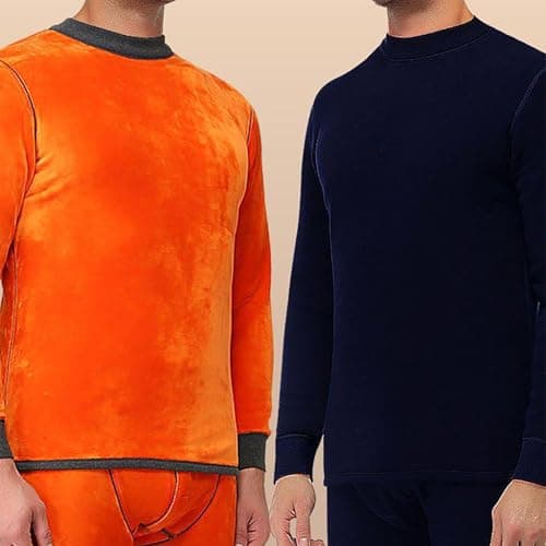 Men's Thermal Underwear Set with Orange Fleece Lining – Highneck Top & Legging, Super Warm Base Layer with Warm Fleece for Winter (Black, L) — view 5