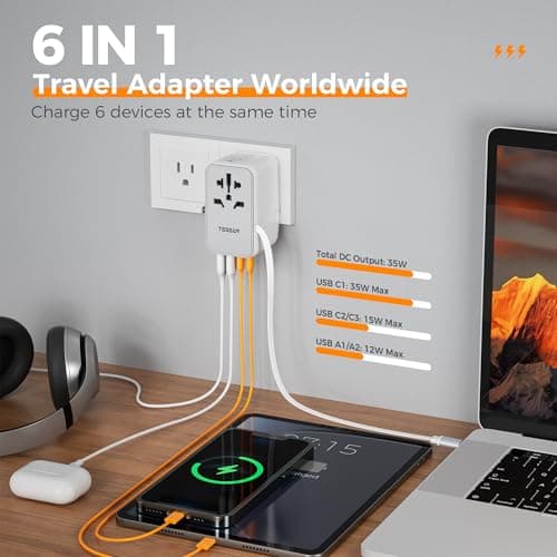 TESSAN Universal Travel Adapter Built-in 35W USB-C Cable, UK for EU/US/AU — view 4