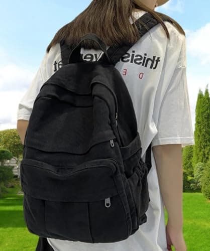 GAMLFL Canvas Backpack for Women Retro Aesthetic Rucksack Basic Backpack for High School/College Students Travel Laptop Bag, Black, 5.6 x 13.3 x 16.2 inches, Travel Backpacks — view 6