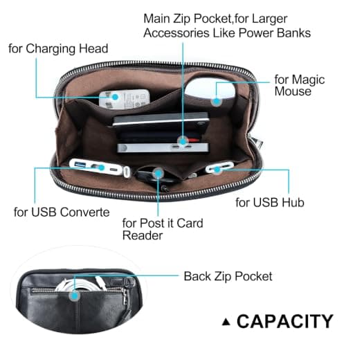 Electronic Organizer Zipper Bag Tech Pouch, Top Grain Leather Handmade, Portable Compact Travel Storage Cases Fits Apple Accessories, Phone, USB Cables, Power Banks, Chargers, Hard Drive, Black — view 5