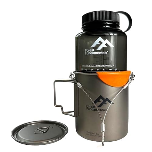 Ultralight Nesting Cookset | Gr1 Titanium 750ml (25fl oz) Cup & 1000ml (32fl oz) Wide-Mouth Bottle | Capacity for Boiling & Eating | Cook System for Hiking, Bushcraft, Camping Cookware | Inc Extras